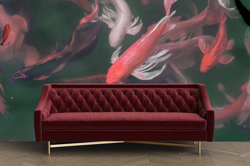 A large backdrop featuring a swarm of colorful koi fish swimming in shades of red and white over a dark, blurred background, reminiscent of the tranquility found in meticulous Koi Pond maintenance.