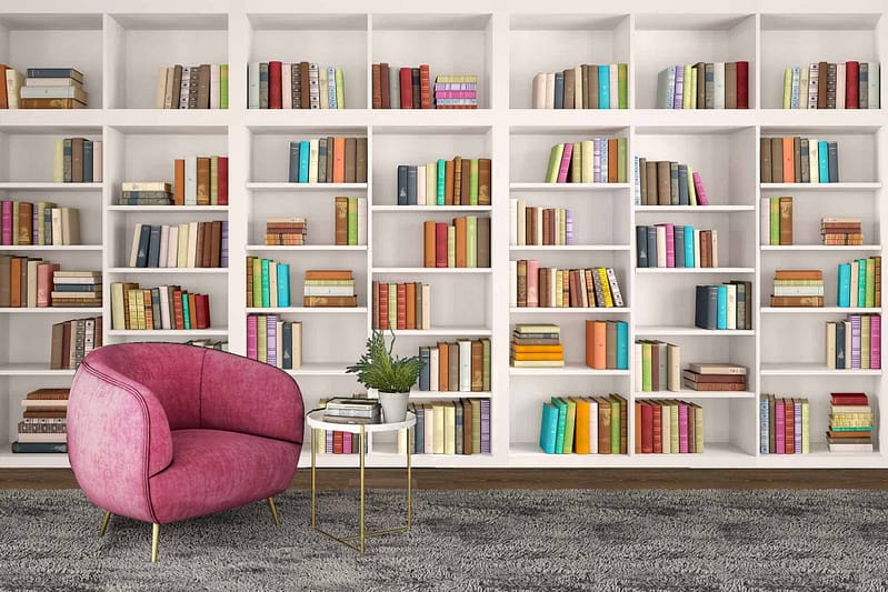 Wallpaper: Features delicate illustrations of open books, whimsical letters, and playful patterns. Colors include soft pastels like baby blue, pale pink, mint green, and light lavender interspersed with small splashes of gold accents.