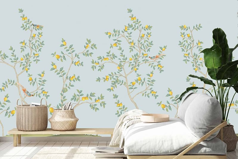 The wallpaper in the minimalist bedroom is light green, adorned with lemon-themed illustrations. The design features vibrant yellow lemons and fresh green leaves, creating a cheerful and natural ambiance. This wallpaper serves as a bright, citrusy focal point in the room.