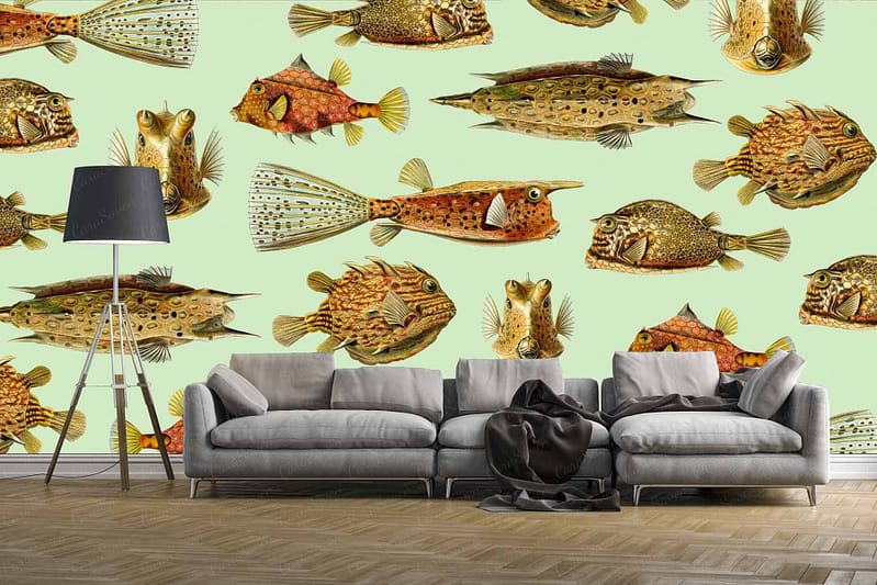 Vibrant, patterned wallpaper featuring colorful, intricately detailed aquatic life on a light green background.