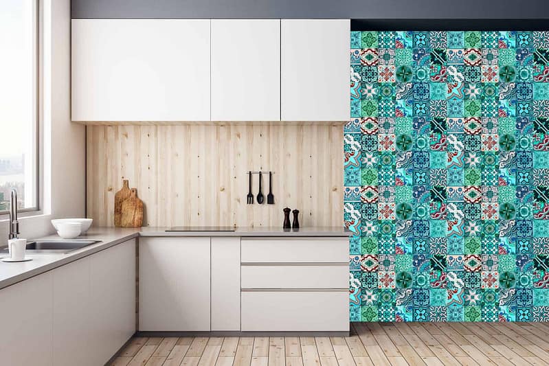 A striking blue, turquoise, and white patterned tile accent wall adds a vibrant touch to the right side, reminiscent of Lisbon's charm. Featuring intricate patterns in shades of blue and turquoise. Perfect for travel-inspired decor.