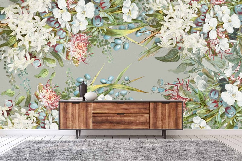 Vibrant floral wallpaper featuring white flowers, blue berries, and green leaves.