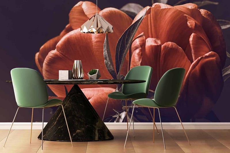 Large mural featuring vibrant orange flowers against a dark background. The wallpaper is reminiscent of Lorena's signature style, combining rich floral details with deep, dramatic hues. Key elements include bold orange petals, contrasting dark backdrop, intricate flower designs.