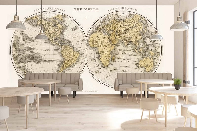 The wallpaper features a large vintage Lost World map mural with earthy tones, including shades of beige, sepia, and faded green. Details depict ancient landscapes, old-style cartographic lines, mythical creatures, and intricate compass roses. The colors evoke an antiquated but adventurous feel.