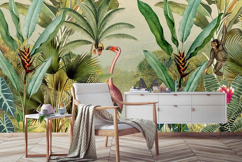 The room features a tropical jungle-themed wall mural with elements such as large green leaves, a prominent pink flamingo, and an animated monkey. The colors in the wallpaper include vibrant greens for the leaves, striking pink for the flamingo, and natural tones for the monkey.