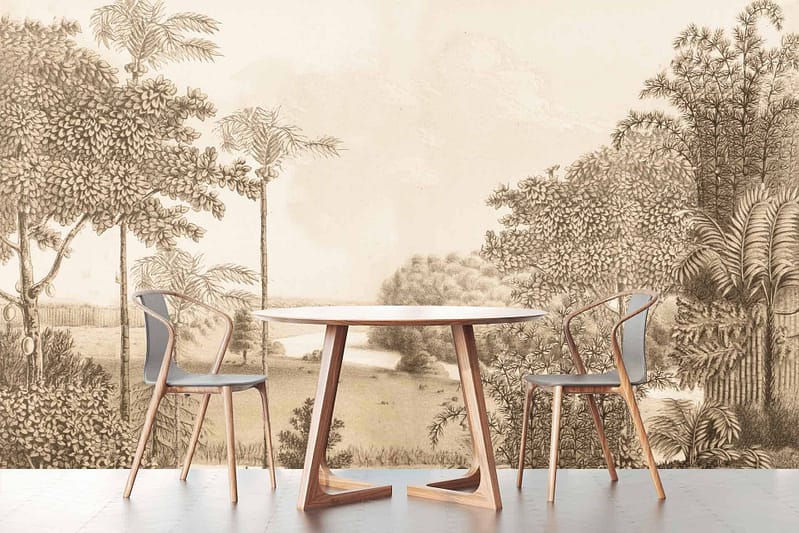 Monochromatic wallpaper, large wall mural, detailed landscape, trees, foliage, serene vistas, Louisiana-inspired scenery.