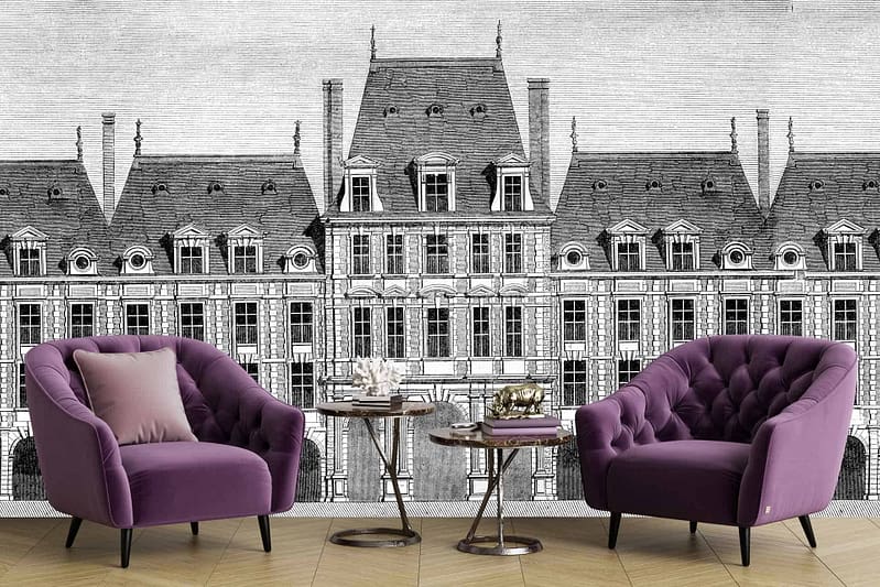 The wallpaper features a detailed black-and-white architectural sketch of a grand historic building. Elements include intricate facades, windows, and columns that evoke classic design. The monochromatic palette emphasizes shades of black, white, and gray, creating an elegant and inviting atmosphere reminiscent of "Thy Neighbour" themes.