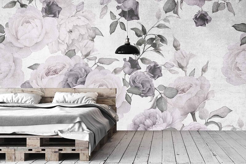 The wallpaper features a large floral mural with pastel-colored roses and green leaves. The colors in the wallpaper include soft pinks, creams, and light greens, creating an elegant aesthetic.