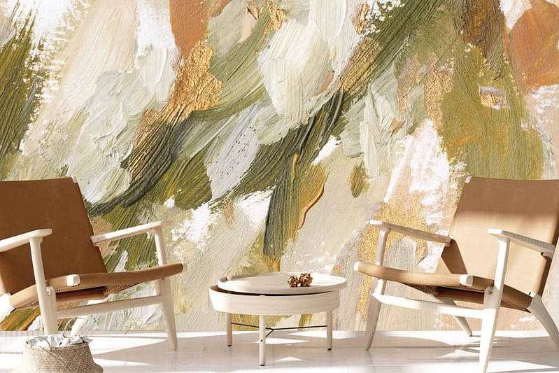 Wallpaper features abstract art with earthy tones: green, beige, white, gold brushstrokes.