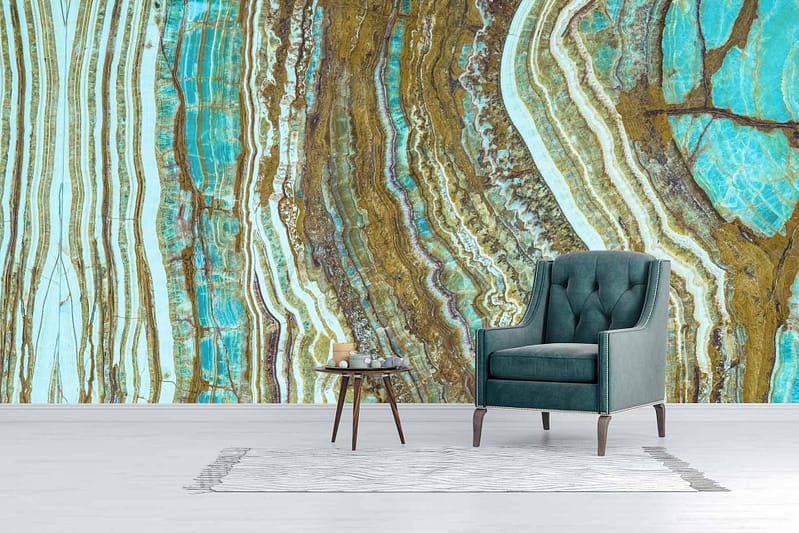 Intricate teal and brown agate-patterned mural from Marmala; striking, colorful accent wall. Elements: swirls, bands, and layers in teal, brown, blue hues.