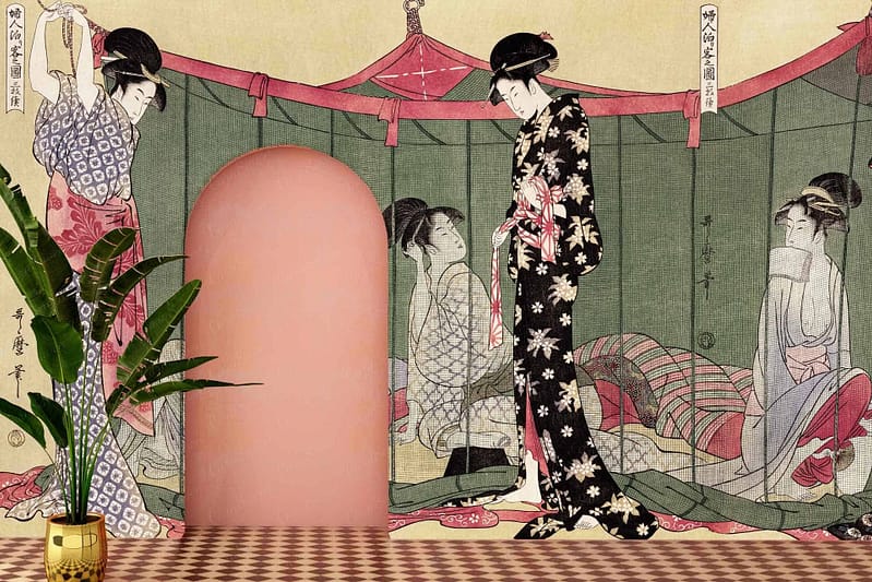 The wallpaper in the digital collage features a traditional Japanese Ukiyo-e woodblock print with women. It includes scenes reminiscent of "Memoirs of a Geisha," presented inside a tent adorned with intricate patterns. The colors include rich reds, deep blues, and muted golds, creating an elegant and historical atmosphere. Patterns are detailed with floral motifs and traditional Japanese symbols.