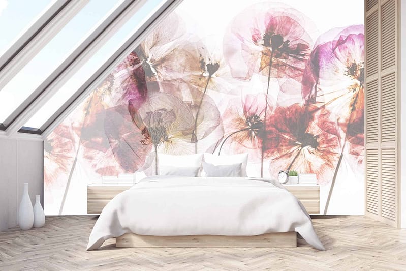Floral mural wallpaper, large colorful flowers, vibrant touch, minimalist decor.