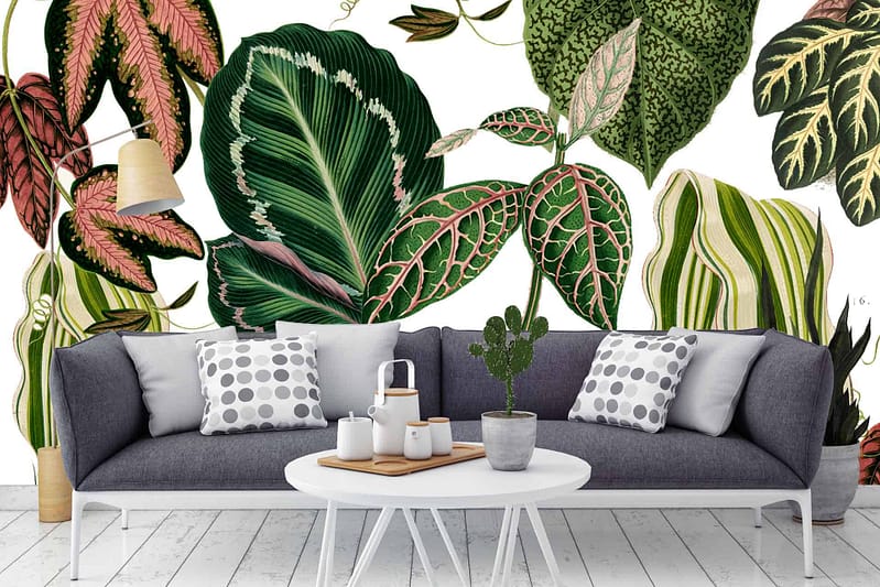 The wallpaper features a large, vibrant botanical mural showcasing various green and pink leaves. Elements include lush tropical foliage with shades of emerald, lime, and mint green interspersed with flamingo pink accents. Intricate leaf patterns and textures create a lively backdrop ideal for any living room.