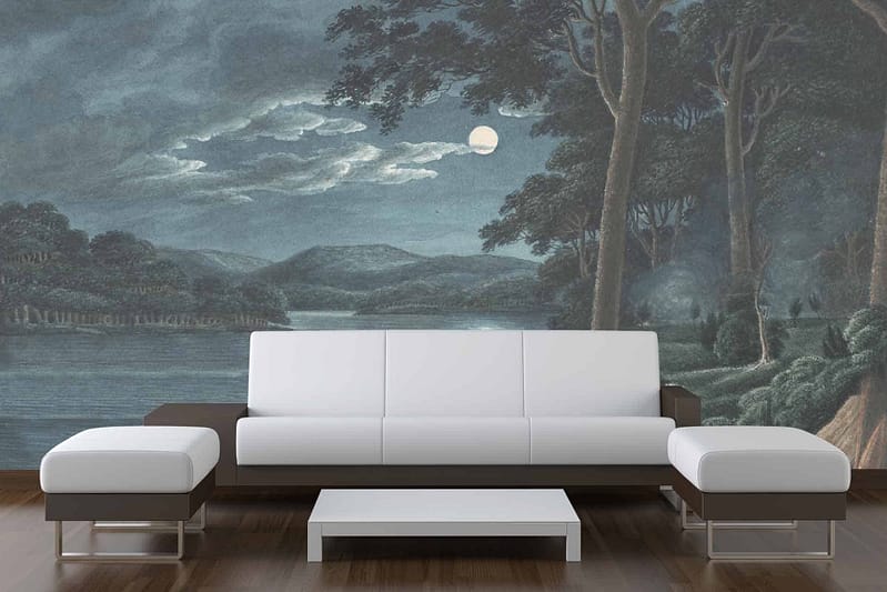 Wallpaper features: serene night landscape, full moon, trees, river flowing, midnight sky. Colors include deep blues, soft greys, silvery whites, dark greens.