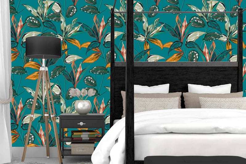 Vibrant turquoise botanical wallpaper, featuring orange leaves, green leaves.