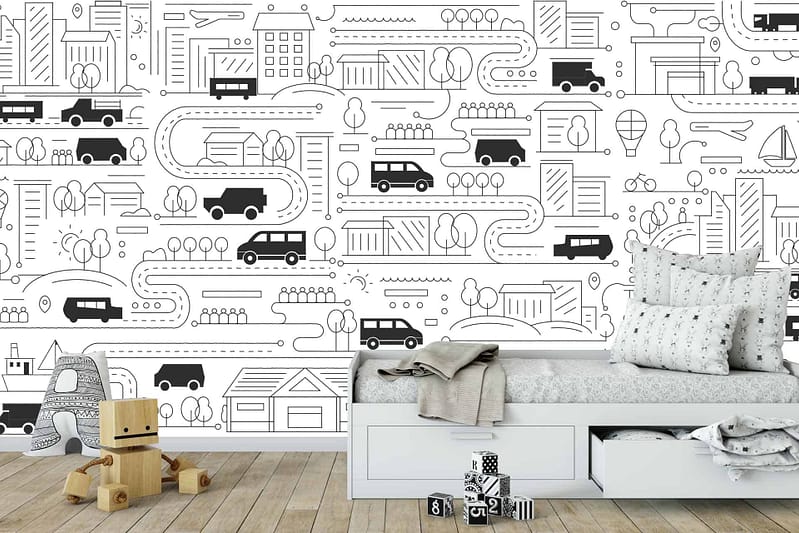 The children's bedroom wallpaper is monochrome with a playful pattern that includes roads, vehicles, and buildings.