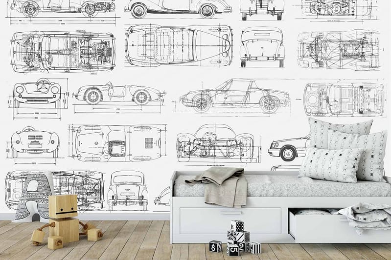 The wallpaper features detailed vintage car blueprints in monochrome colors, reminiscent of a Motor Museum. Key elements include intricate sketches of classic automobiles with fine lines and labels. The overall color palette is primarily grayscale with a clean, technical look.