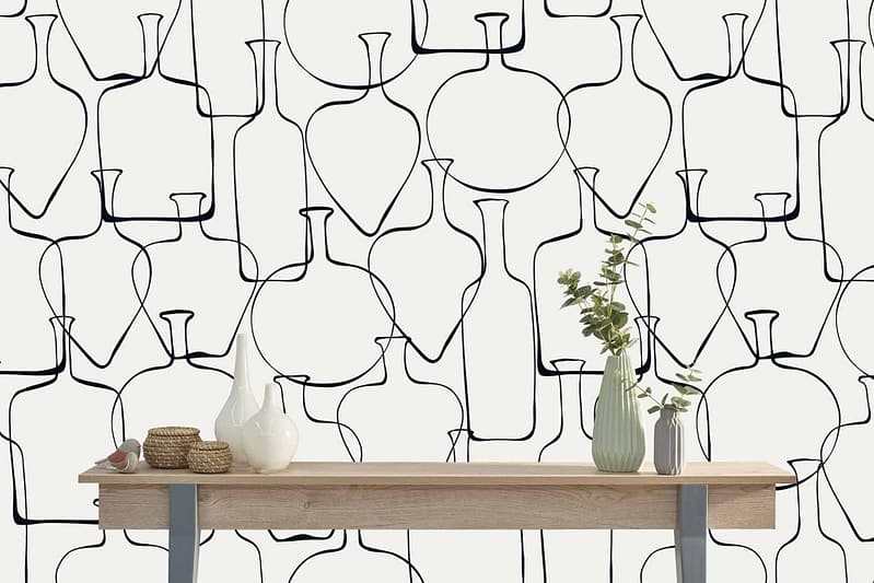 The wallpaper features a minimalist pattern of abstract vases in black outline on a light background, creating an artistic and contemporary ambience.