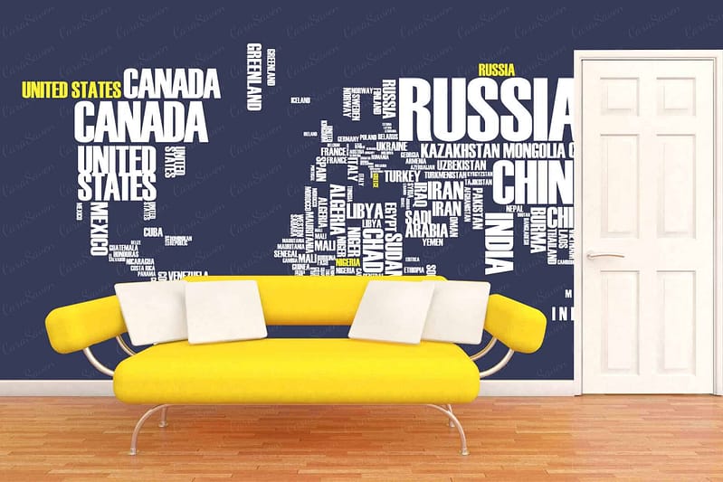 Dark blue wallpaper adorned with various country names in different sizes and fonts.