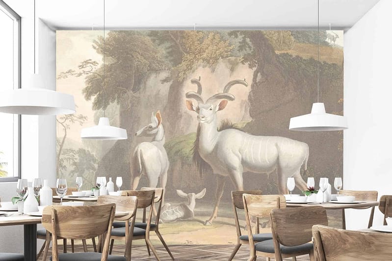 The wallpaper features a large mural of an elegant painting with antelopes in a natural setting. It prominently includes elements such as graceful antelopes, lush greenery, and hints of earthy tones like brown, green, and soft golds.