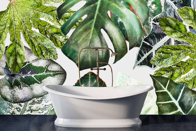 Vibrant wall art featuring large, green tropical leaves. Highlights include various shades of green with intricate leaf patterns. Exotic and lush botanical elements give a fresh, nature-inspired vibe to the space.