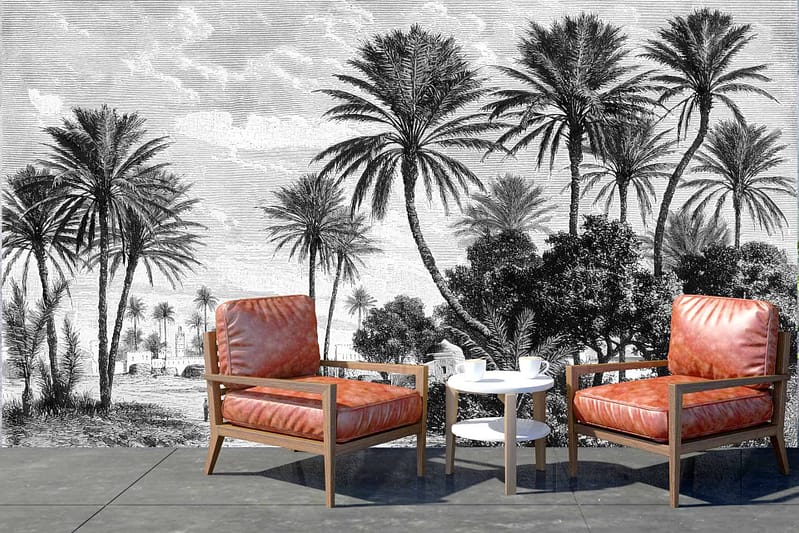Black-and-white mural, lush tropical oasis, tall palm trees, cloudy sky, reminiscent of Tunis.