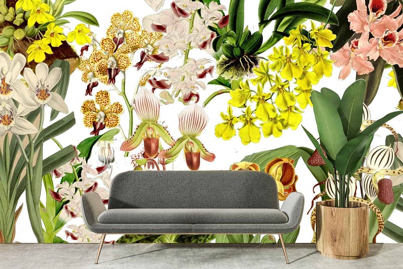 Vibrant floral mural with colorful orchids in yellow, white, and pink.