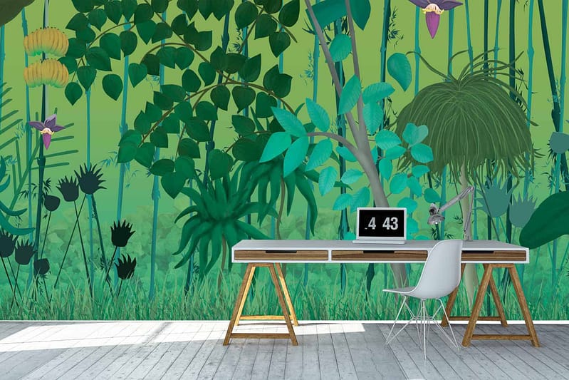 A vibrant, lush green botanical wallpaper with deep emerald leaves, delicate fern fronds, and subtle hints of tropical flora sets the backdrop. The rich greens are interspersed with soft shades of lime and olive, creating a lively yet calming atmosphere.