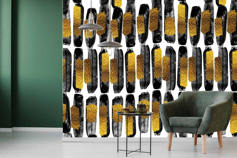 The wallpaper features a bold, abstract pattern with vertical black and gold brushstrokes.