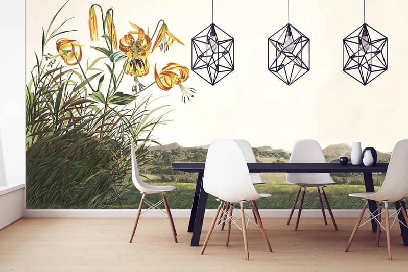 The wallpaper features a large botanical mural with yellow flowers and green foliage, evoking an open season vibe. The dominant elements include vibrant yellow blossoms and lush green leaves, set against a backdrop that highlights nature's beauty.