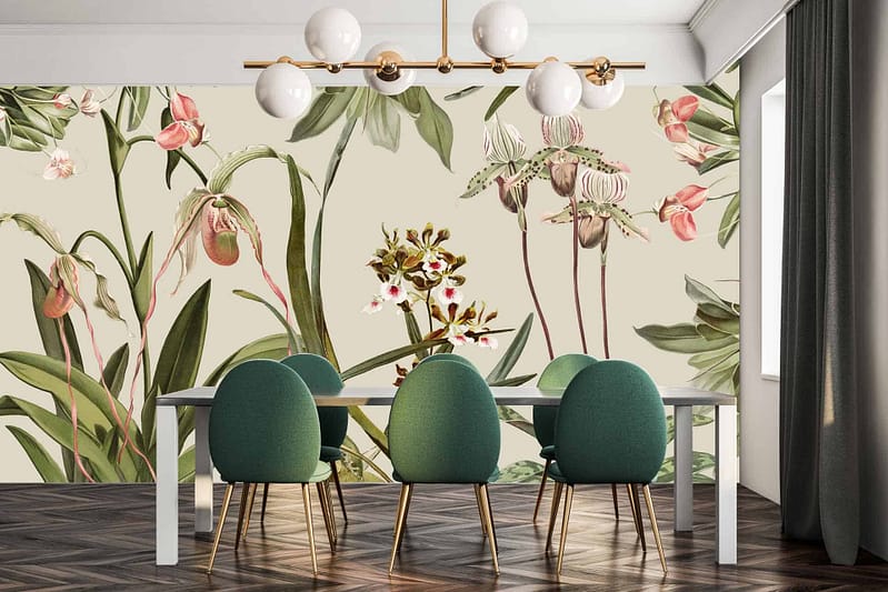 Nature-themed mural with large plants, colorful flowers, and a prominent elegant orchid. Green leaves, vibrant petals in shades of red, pink, and yellow.