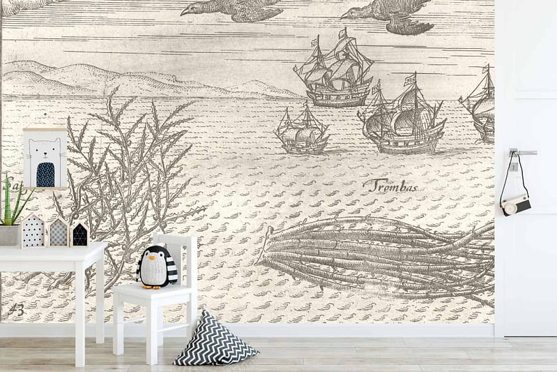 The wallpaper in the children's room features an old nautical map with intricate details such as sailing ships and sea creatures. Elements include compass roses, ocean routes, islands, mermaids, fish, octopuses, and pirate ships. The color palette consists of muted blues, antique yellows, deep browns, soft greens, and hints of white for waves and detailing.