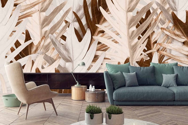 Artistic wallpaper featuring stylized overlapping leaf patterns in shades of brown and beige.