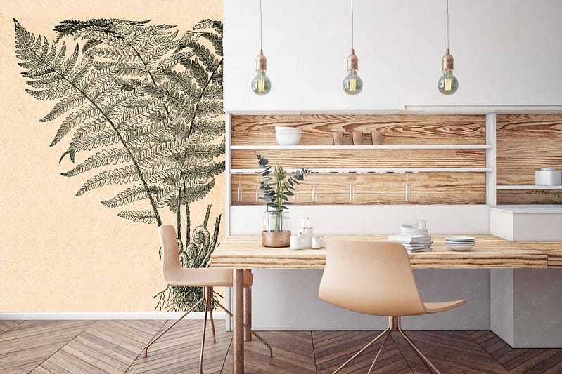 Large beige wall, monochromatic fern mural, ancient writing material inspiration.