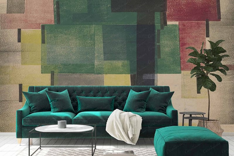 Geometric wall mural featuring shades of green, beige, red, and yellow with dynamic directions.