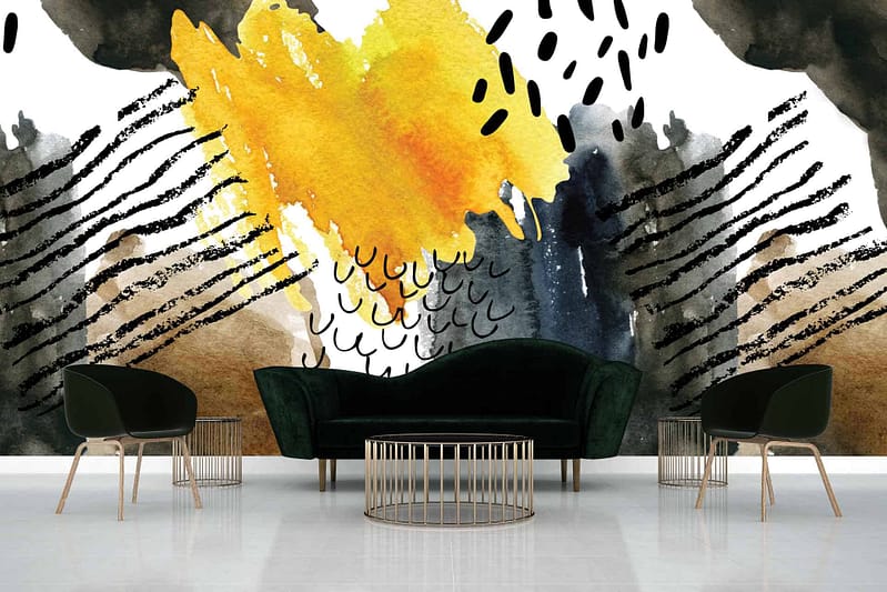 A vibrant abstract wall mural with splashes of yellow, black, and brown.