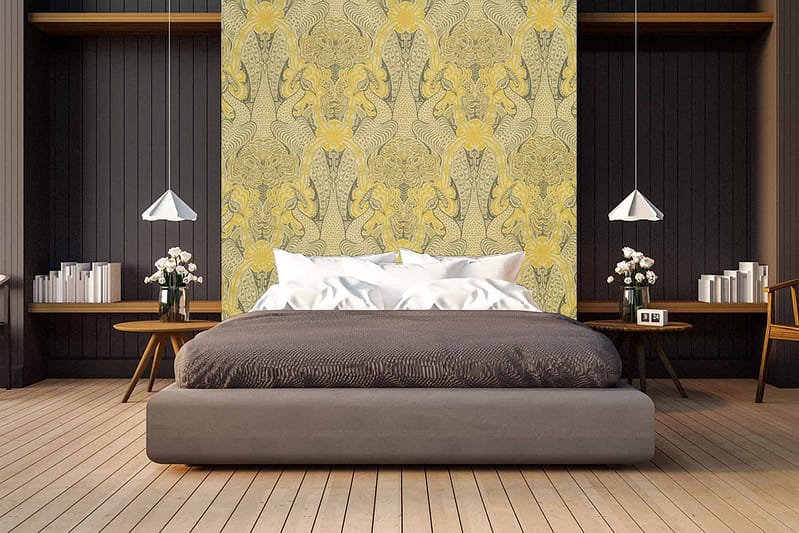 The wallpaper in the modern bedroom features a decorative pattern with intricate yellow and gray designs. This accent wall showcases bold, interwoven motifs that blend bright yellow highlights with varying shades of gray, creating a dynamic and eye-catching backdrop behind the bed.