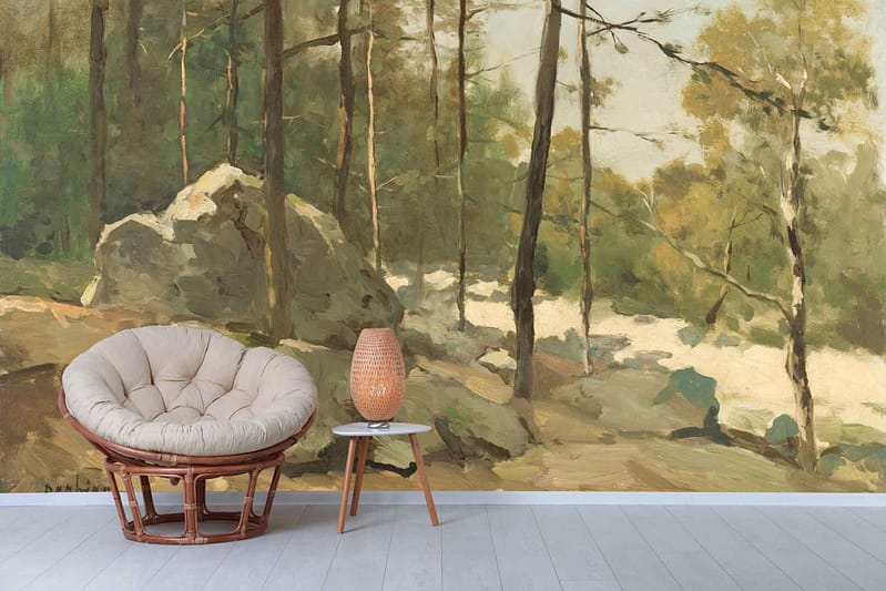 Wallpaper features a serene forest scene with tall trees, rocks, and dappled sunlight. Predominant colors include various shades of green, brown, and hints of golden light.