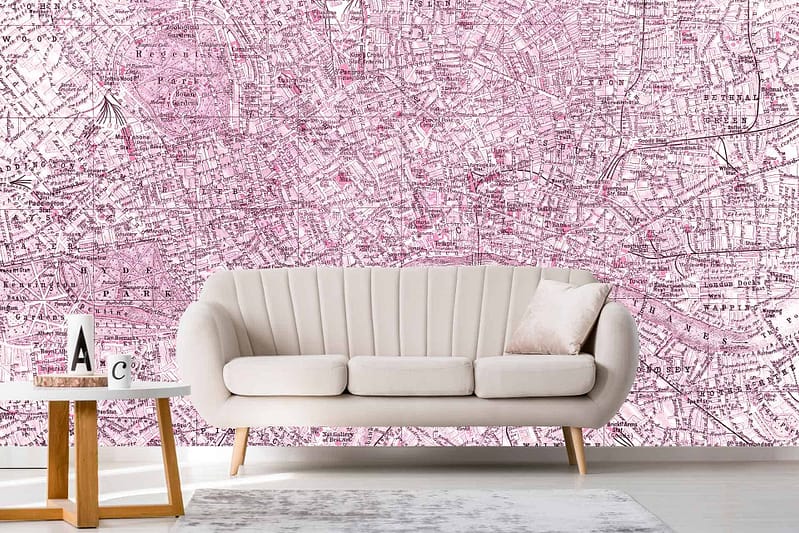 Wallpaper with a large map design in shades of pink pride, featuring various hues of pink and accent details.