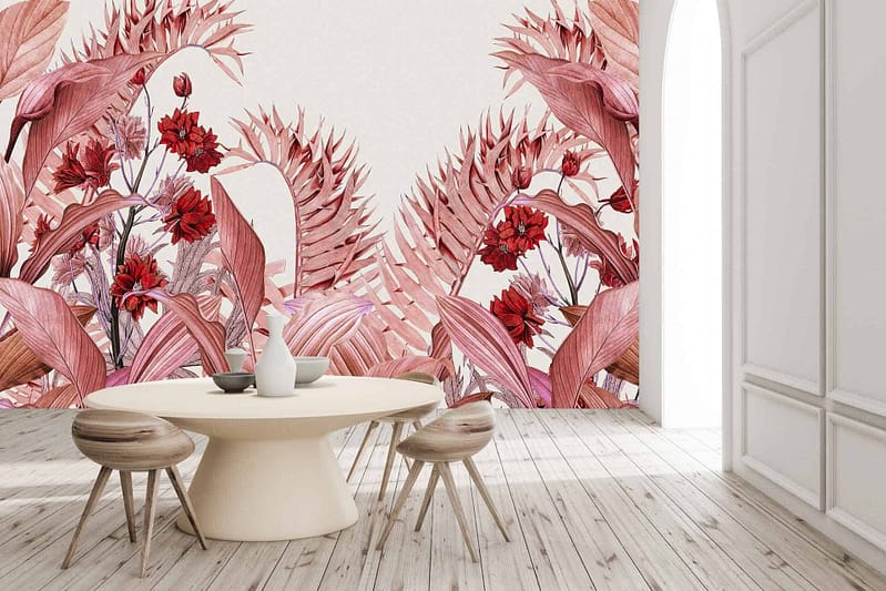 This bold, pink tropic-themed wallpaper features large pink leaves and red flowers.