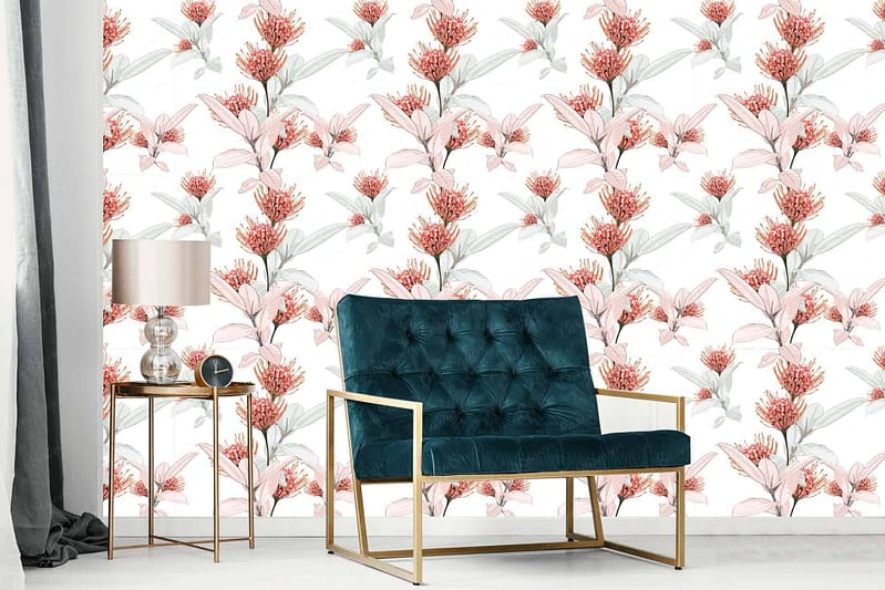 The wallpaper features a floral pattern with red and pink flowers, green leaves, all set against a white background.