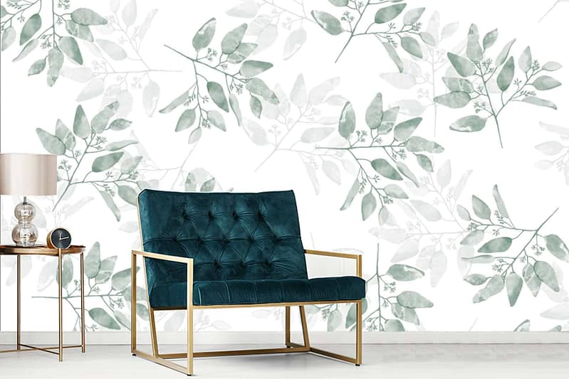 The wallpaper features white background adorned with green leafy patterns.