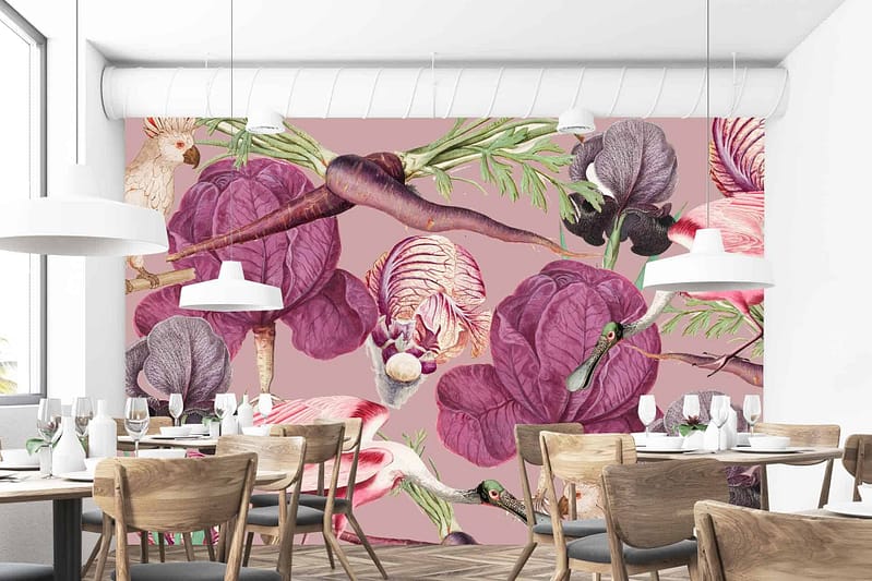 The wallpaper features a large, colorful mural with floral and vegetable illustrations. Key elements include purple flowers, carrots, and radishes set against a pink background.