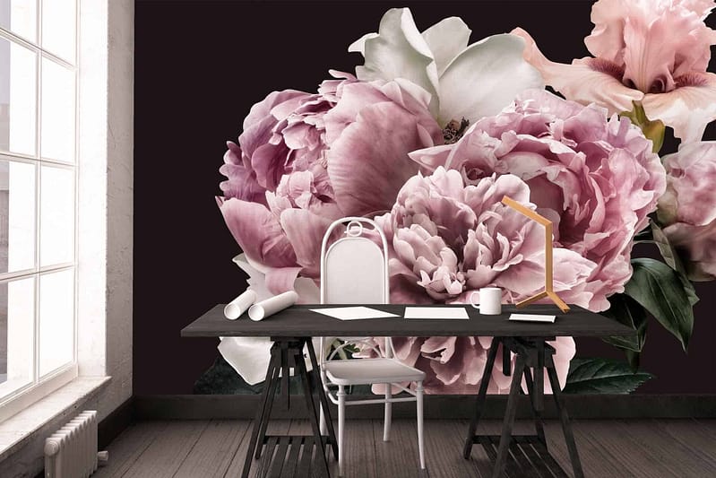 The wallpaper features large, vibrant posy flowers in pink and white against a dark background.