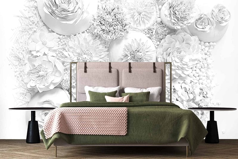 Grayscale floral mural, large flowers, artistic touch.