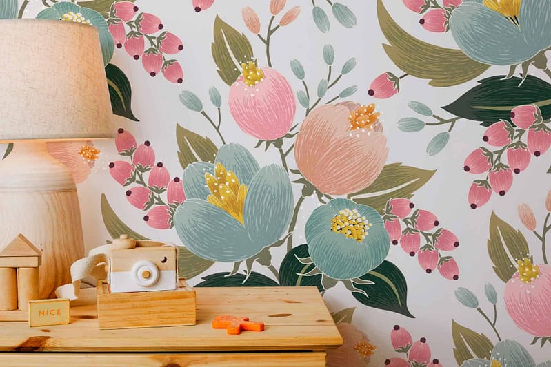Floral-patterned wallpaper, pastel colors, posy pink flowers, blue flowers, green flowers, yellow accents.