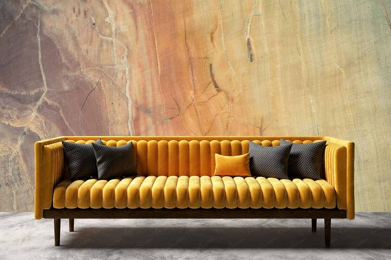 The wallpaper features a large, textured design with earthy tones of yellow, orange, and grey.