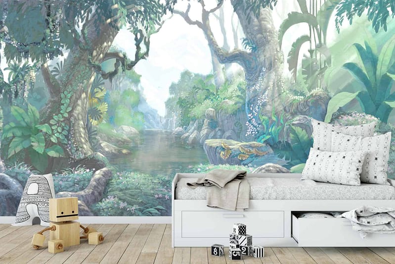 A lush jungle mural featuring a serene river, vibrant green dense foliage, colorful exotic animals, towering trees, and blooming flowers. Elements like leafy vines, cascading waterfalls, and playful monkeys add to the whimsical atmosphere with hues of emerald green, azure blue water, rich brown tree trunks, and bursts of bright floral colors.
