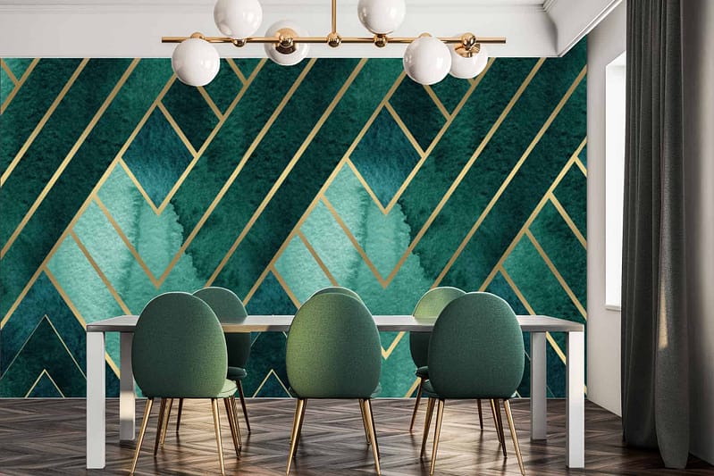 Teal and gold geometric shapes, art deco pattern.