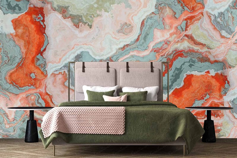 The wallpaper features a striking marble pattern in shades of orange, green, and white. This eye-catching design blends vibrant hues with natural textures, creating a unique and dynamic look for the modern bedroom.
